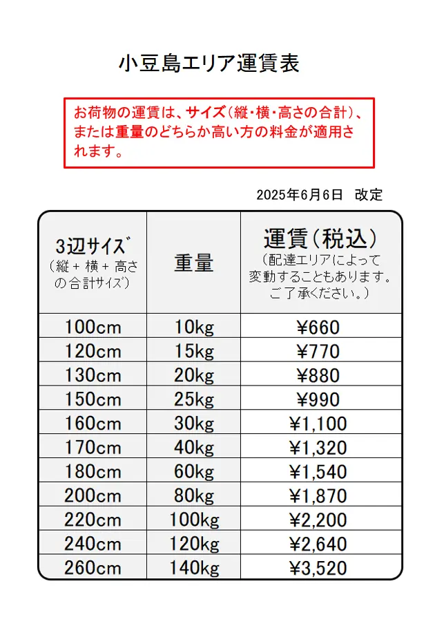 大型家具・不定形貨物運賃表